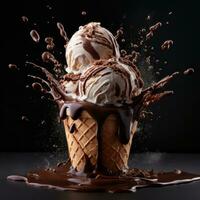 ice cream with chocolate and ice cream splash on a black background. AI Generative photo