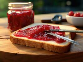 Strawberry jam on toast bread. Shallow dof. AI Generative photo