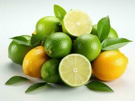 Limes and lemons with leaves Isolated on a white background.  AI Generative photo