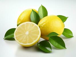 Lemons with green leaves on white background. Isolated. AI Generative photo