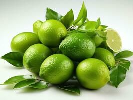 Limes and lemons with leaves Isolated on a white background.  AI Generative photo
