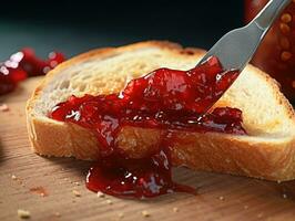 Strawberry jam on toast bread. Shallow dof. AI Generative photo