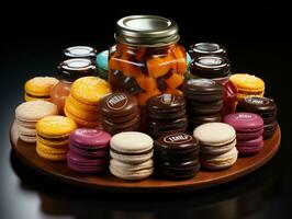Assortment of colorful macaroons on plate with jar. AI Generative photo