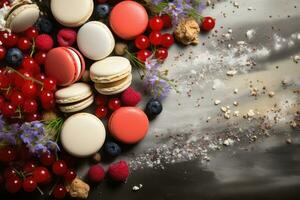 Colorful Macaroons on the marble background, top view. With copy space. AI Generative photo