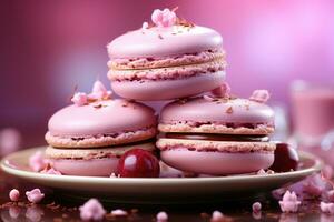 Pink macaroons with raspberries shot in studio. Close up. AI Generative photo