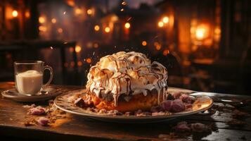 Cake with whipped cream and caramel glaze on a wooden table. A glass of brandy with marshmallows. AI Generative photo