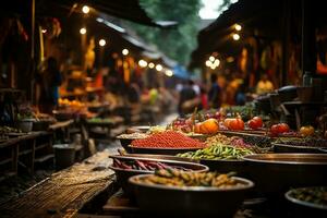 calle mercado con Fresco frutas y vegetales en el antiguo pueblo de bali, Indonesia. ai generativo foto
