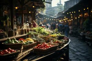 Street market with fresh fruits and vegetables in the old town of Bali, Indonesia. AI Generative photo