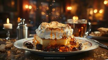 Cake with whipped cream and caramel glaze on a wooden table. A glass of brandy with marshmallows. AI Generative photo