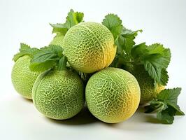 Cantaloupe melons with green leaves on white background. AI Generative photo