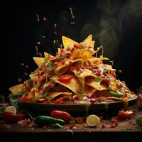 mexicano nachos con salsa y guacamole en negro antecedentes. ai generativo foto