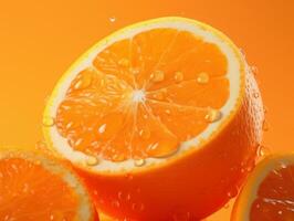 Slices of orange and lemon with water drops on orange background. AI Generative photo