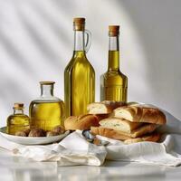Olive oil and bread on a table in the kitchen. Food background. AI Generative photo
