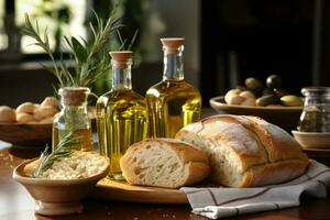 Olive oil and bread on a table in the kitchen. Food background. AI Generative photo