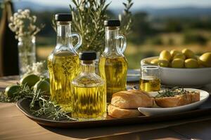 Olive oil and bread on a table in the kitchen. Food background. AI Generative photo