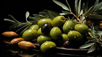 aceituna rama con verde aceitunas en negro antecedentes. estudio disparo. ai generativo foto