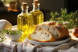 Olive oil and bread on a table in the kitchen. Food background. AI Generative photo