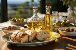 Olive oil and bread on a table in the kitchen. Food background. AI Generative photo