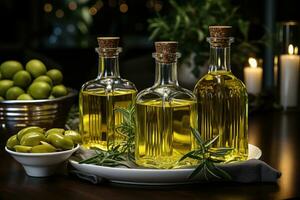 Olive oil and bread on a table in the kitchen. Food background. AI Generative photo