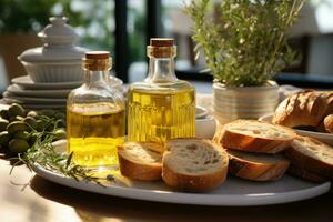 Olive oil and bread on a table in the kitchen. Food background. AI Generative photo