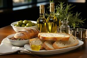 Olive oil and bread on a table in the kitchen. Food background. AI Generative photo