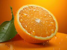 Slices of orange and lemon with water drops on orange background. AI Generative photo