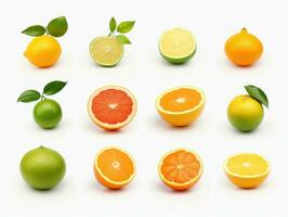 collection of oranges and limes with leafs on white background. each one is shot separately. AI Generative photo