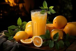 vaso de Fresco naranja jugo y naranjas en de madera mesa, negro antecedentes. ai generativo foto