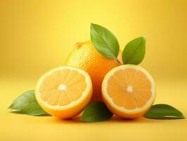 Fresh oranges with leaves and water splash on yellow background, closeup. AI Generative photo