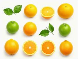 collection of oranges and limes with leafs on white background. each one is shot separately. AI Generative photo