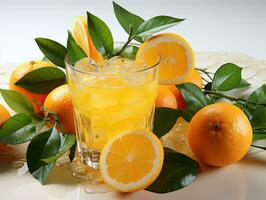 vaso de naranja jugo con hielo cubitos y agrios frutas en blanco antecedentes. ai generativo foto