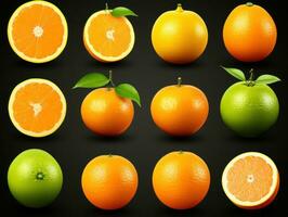 collection of oranges and limes with leafs on black background. each one is shot separately.  AI Generative photo