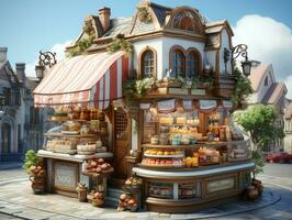 Cake house in the style of the fairy tale, 3d render. AI Generative photo