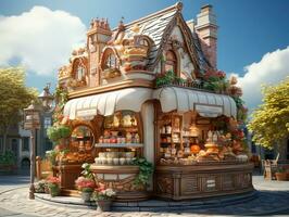 Cake house in the style of the fairy tale, 3d render. AI Generative photo
