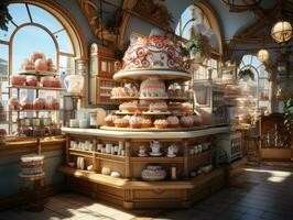 Inside of the Cake house in the style of the fairy tale, 3d render. AI Generative photo