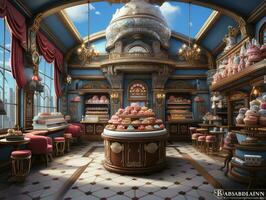 Inside of the Cake house in the style of the fairy tale, 3d render. AI Generative photo