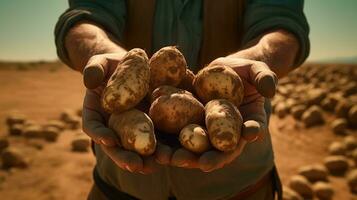 granjero participación Fresco patatas en su manos en el campo, cosecha concepto. ai generativo foto