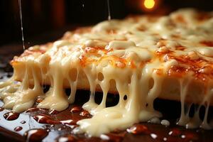 Pouring melted cheese on pieces of pizza on wooden board, closeup. AI Generative photo