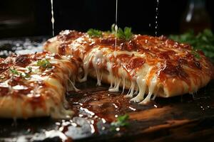 Pouring melted cheese on pieces of pizza on wooden board, closeup. AI Generative photo