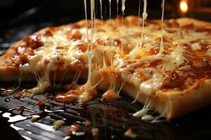 Pouring melted cheese on pieces of pizza on wooden board, closeup. AI Generative photo