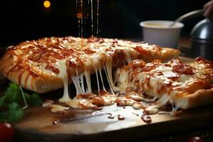 Pouring melted cheese on pieces of pizza on wooden board, closeup. AI Generative photo