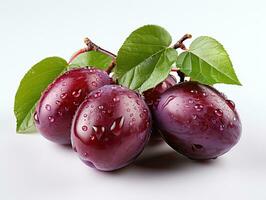 Ripe purple plums with water drops on a white background. AI Generative photo