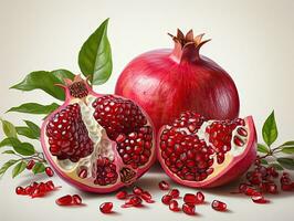 Pomegranate juice with mint and pomegranate seeds on white background. AI Generative photo