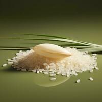 Rice and bamboo shoot on green background. Shallow dof. AI Generative photo