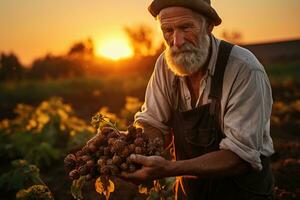 Farmer holding fresh potatoes in his hands on the field, harvest concept. AI Generative photo