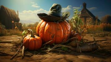 Halloween pumpkins with hat on the field, 3d render. Pumpkin with cowboy hat on the background of an old wooden house. AI Generative photo