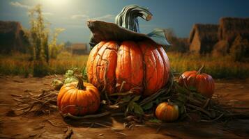 Halloween pumpkins with hat on the field, 3d render. Pumpkin with cowboy hat on the background of an old wooden house. AI Generative photo