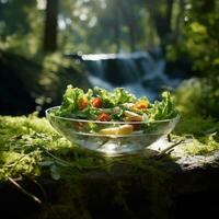 Fresh vegetable salad in glass bowl on wooden table in the forest. AI Generative photo
