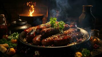 Grilled sausages with spices and vegetables on a wooden table.  AI Generative photo