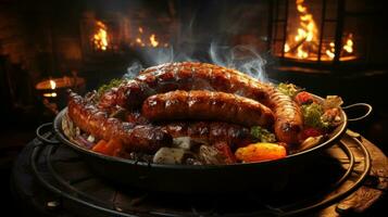 Grilled sausages with spices and vegetables on a wooden table.  AI Generative photo